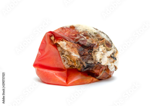 Mold on a red tomato isolated on white. Spoiled food is rotten vegetables.