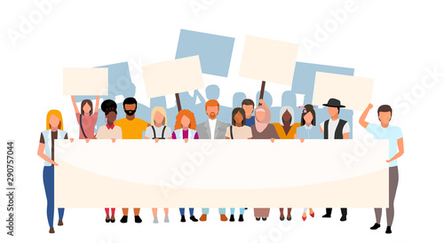 Racial inequality street protest flat illustration. Social movement, demonstration against racism. Multicultural activists holding blank placards cartoon characters. Human rights protection event