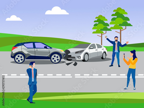 Accident on the road, crash two cars collided. In minimalist style. Cartoon flat