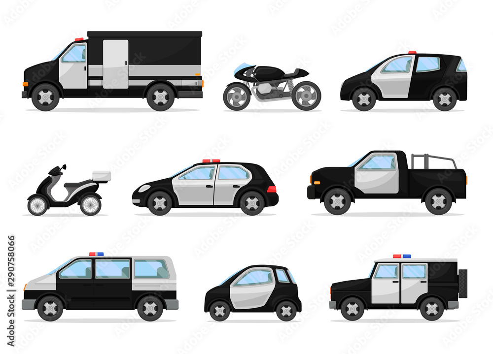 Set of police black and white vehicles. Vector illustration on a white background.