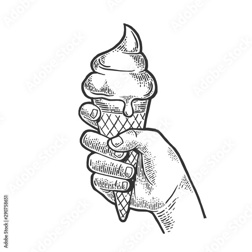 Ice cream in hand sketch engraving vector illustration. Tee shirt apparel print design. Scratch board style imitation. Black and white hand drawn image.