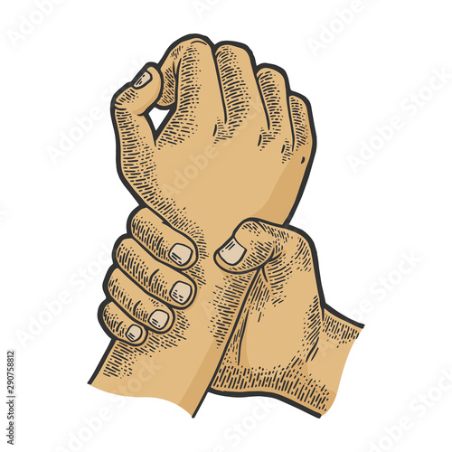Hand catches other hand sketch engraving vector illustration. Tee shirt apparel print design. Scratch board style imitation. Black and white hand drawn image.