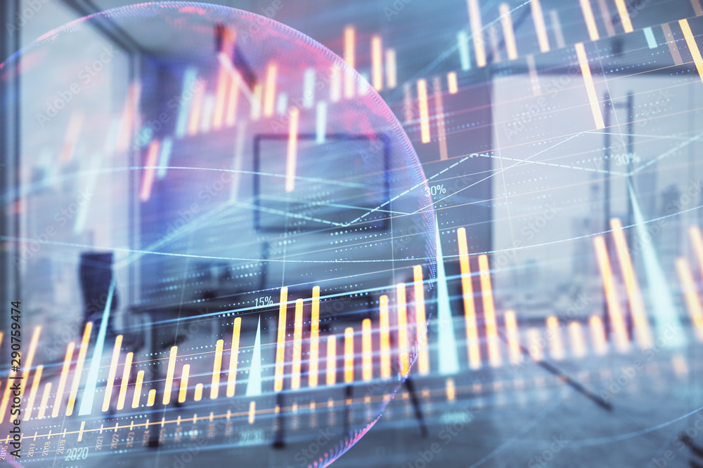 Forex chart hologram with map and minimalistic cabinet interior background. Double exposure. International business concept. Forex chart hologram with map and minimalistic cabinet interior background. Double exposure. International business concept.