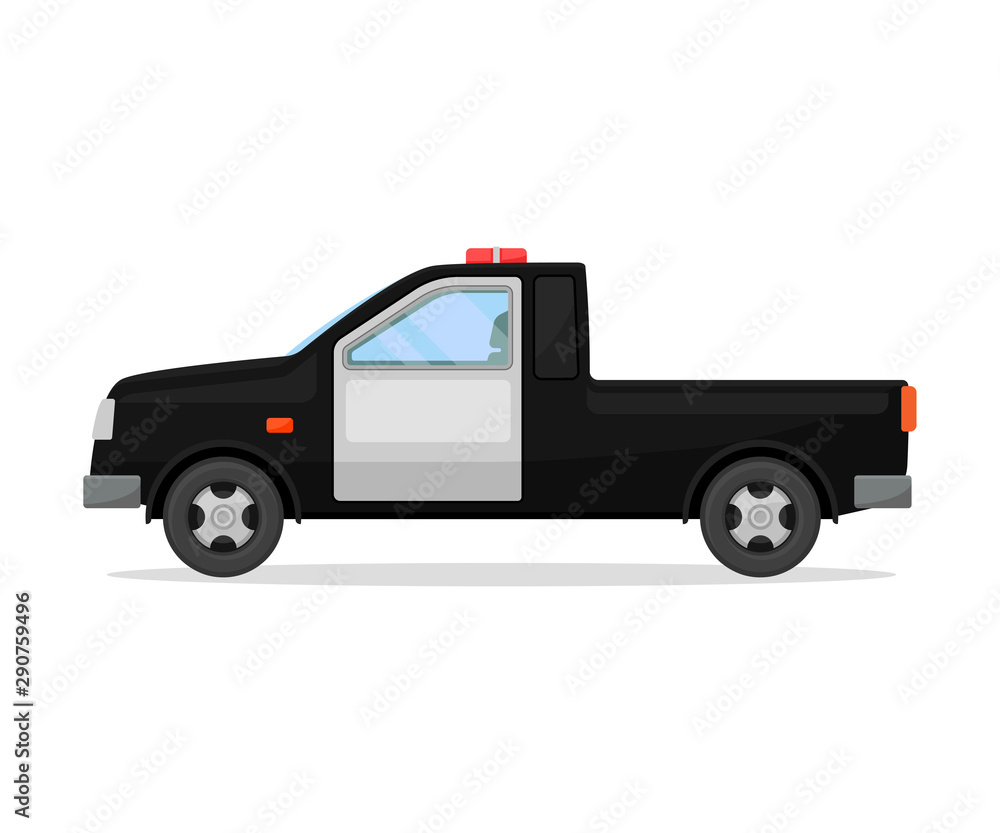 Fototapeta premium Open police pickup truck. Side view. Vector illustration on a white background.