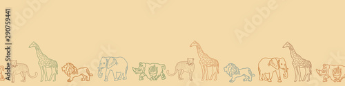 Cute hand drawn African animal safari seamless border pattern.