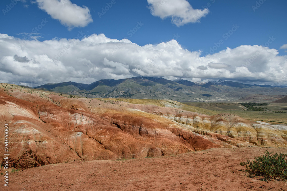 Valley of Mars landscapes in the Altai Mountains. Rainbow mountains. Ground con.tains mercury, that`s why it looks like Mars planet. Altai. Nature of Siberia, Russia Valley of Mars landscapes in the Altai Mountains. Rainbow mountains. Ground con.tains mercury, that`s why it looks like Mars planet. Altai. Nature of Siberia, Russia