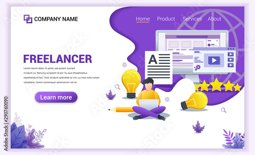 Modern flat design concept of Freelancer with a young man sitting using his laptop. Can use for banner, mobile app, landing page, web design template. Flat vector illustration