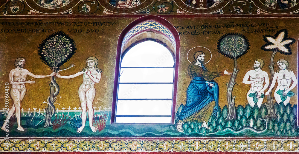 Adam and Eve in mosaics of Monreale cathedral, Siciliy
