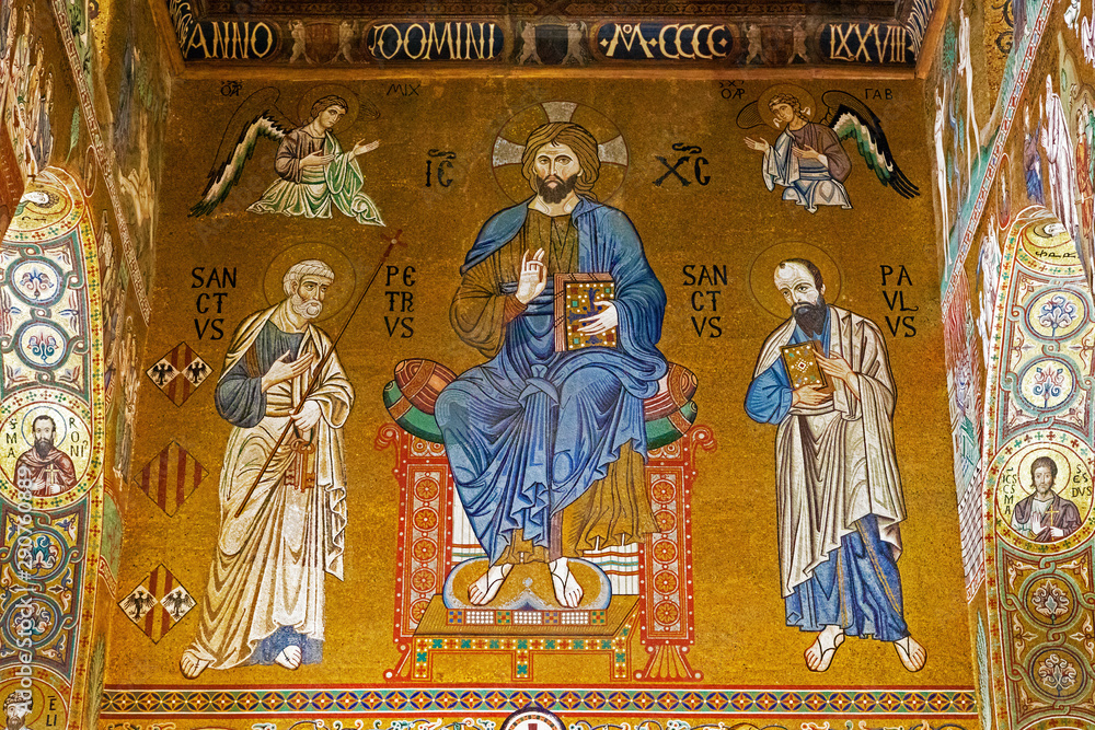 Ancient mosaic of Christ and 2 apostles in Palatin chapel of Palermo