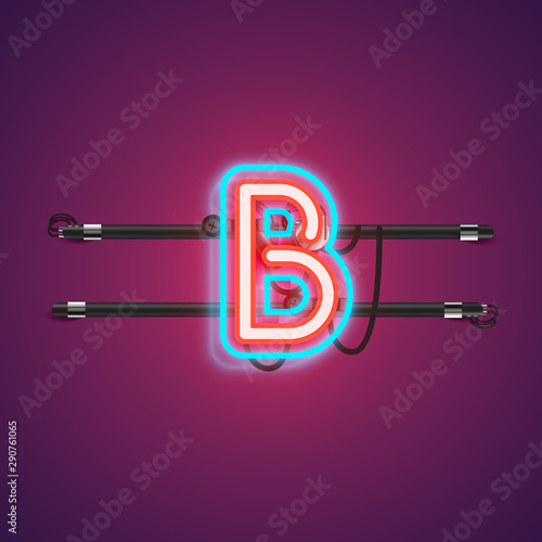 Realistic glowing double neon charcter from a fontset with console, vector illustration