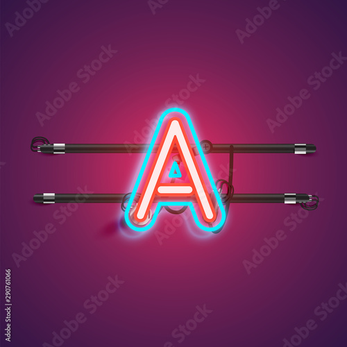 Realistic glowing double neon charcter from a fontset with console, vector illustration