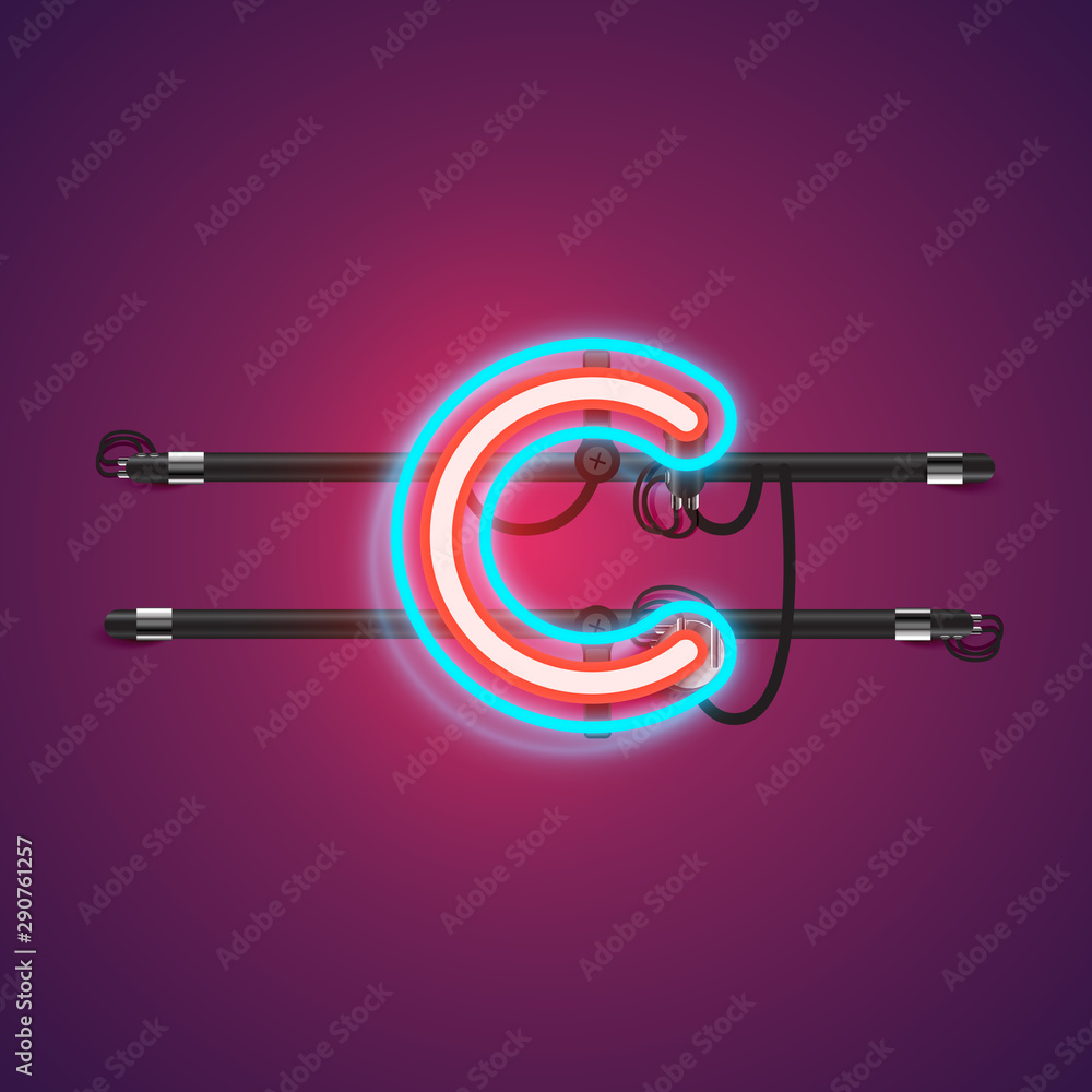 Realistic glowing double neon charcter from a fontset with console, vector illustration Realistic glowing double neon charcter from a fontset with console, vector illustration
