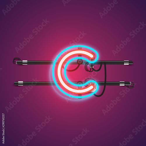 Realistic glowing double neon charcter from a fontset with console, vector illustration