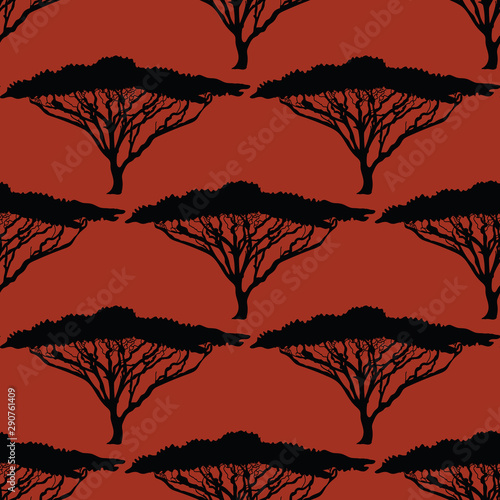 Beautiful hand-drawn African Tree seamless pattern background.