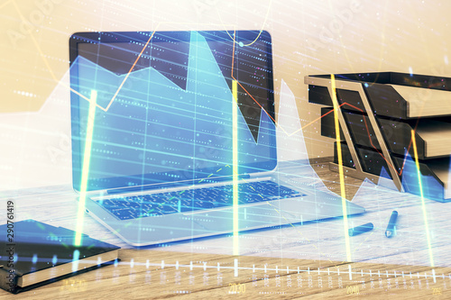 Stock market chart and desktop office computer background. Multi exposure. Concept of financial analysis.