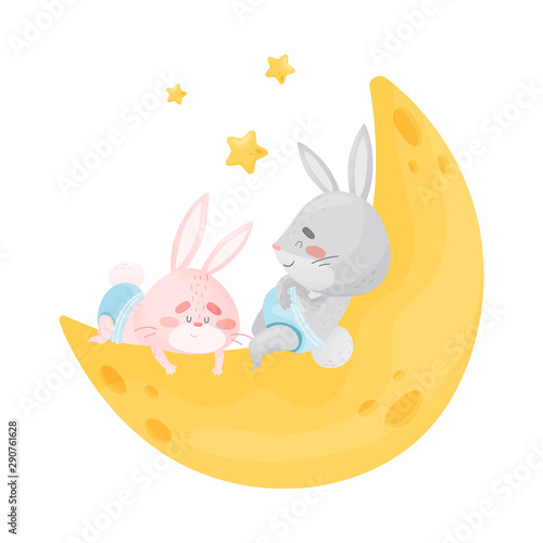 Little rabbits sleep on the moon. Vector illustration on a white background.
