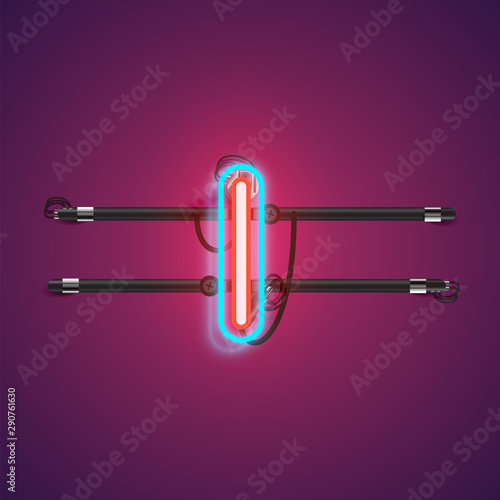 Realistic glowing double neon charcter from a fontset with console, vector illustration
