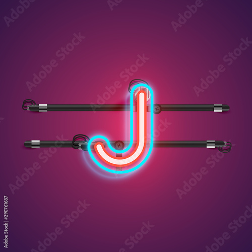 Realistic glowing double neon charcter from a fontset with console, vector illustration