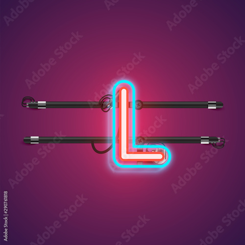 Realistic glowing double neon charcter from a fontset with console, vector illustration