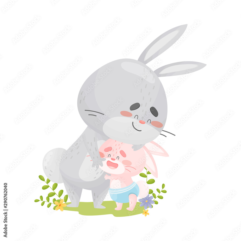 Fototapeta premium Dad hare hugs daughter. Vector illustration on a white background.