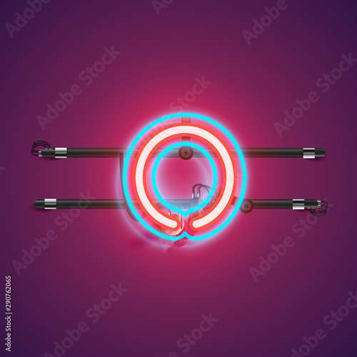 Realistic glowing double neon charcter from a fontset with console, vector illustration