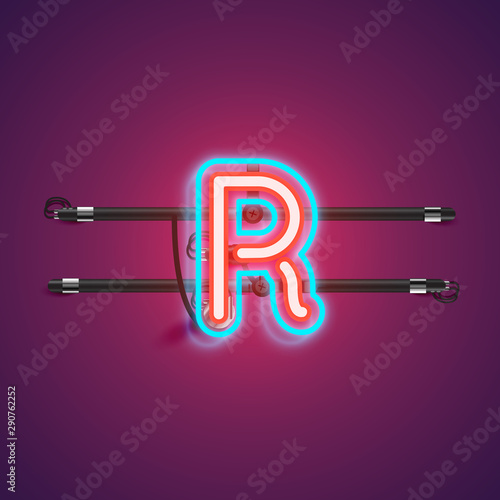 Realistic glowing double neon charcter from a fontset with console, vector illustration