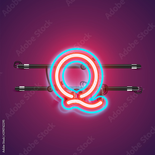 Realistic glowing double neon charcter from a fontset with console, vector illustration