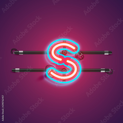 Realistic glowing double neon charcter from a fontset with console, vector illustration