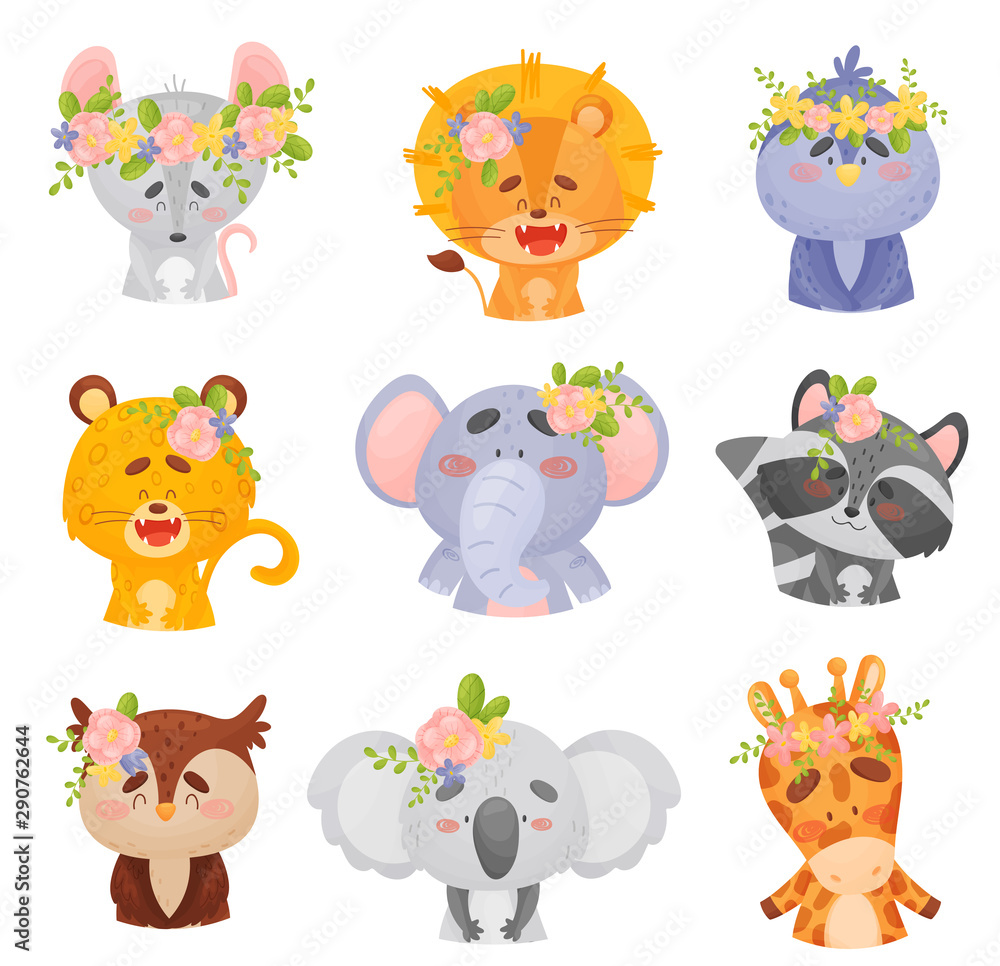 Set of animals in wreaths. Vector illustration on a white background. Set of animals in wreaths. Vector illustration on a white background.
