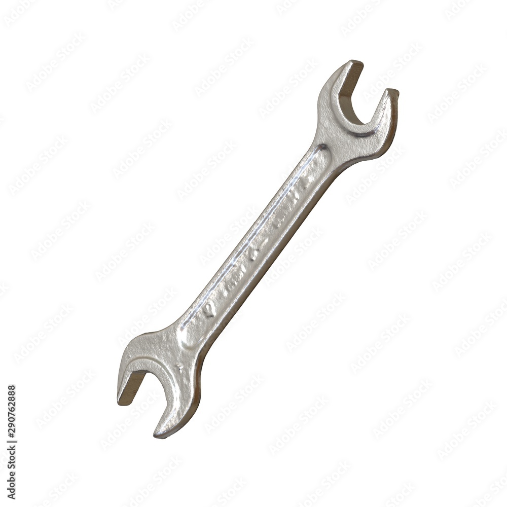 Silver two way metal wrench isolated on white background. 3D rendering of excellent quality in high resolution