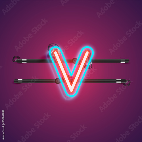Realistic glowing double neon charcter from a fontset with console, vector illustration