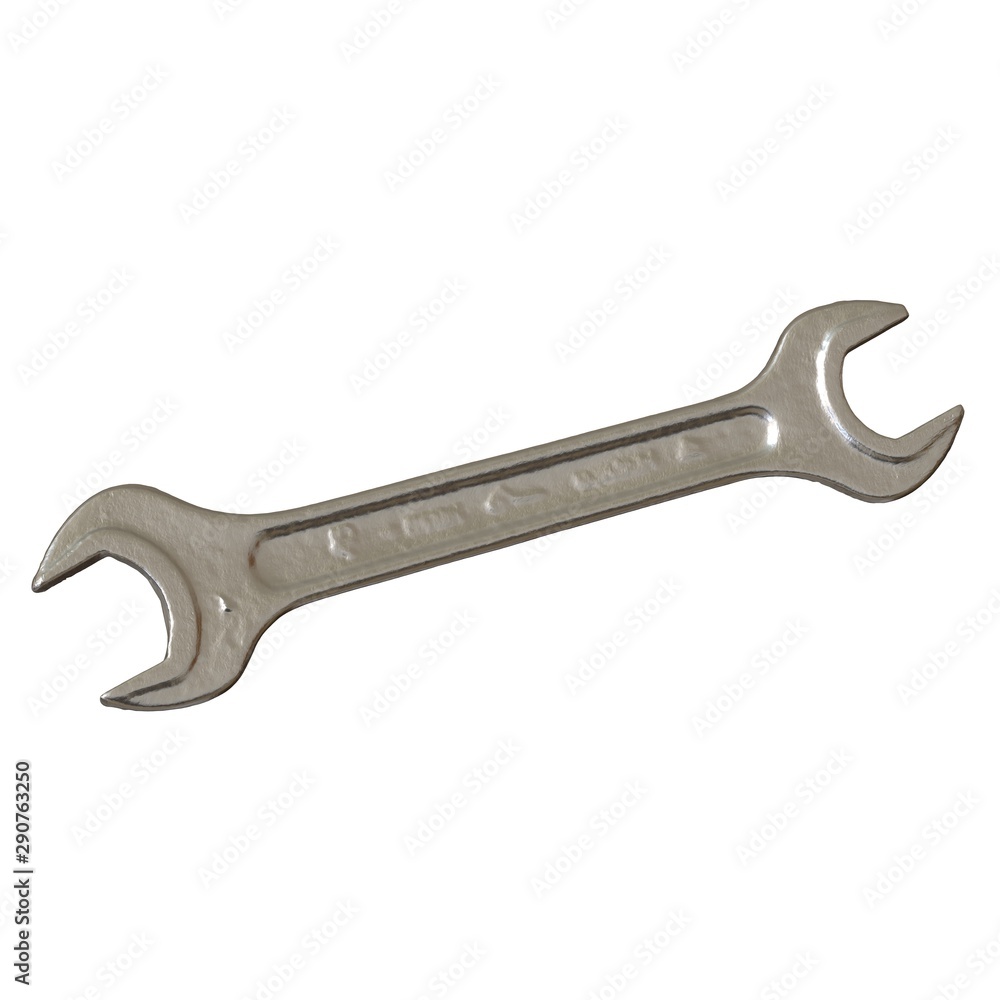 Silver two way metal wrench isolated on white background. 3D rendering of excellent quality in high resolution Silver two way metal wrench isolated on white background. 3D rendering of excellent quality in high resolution