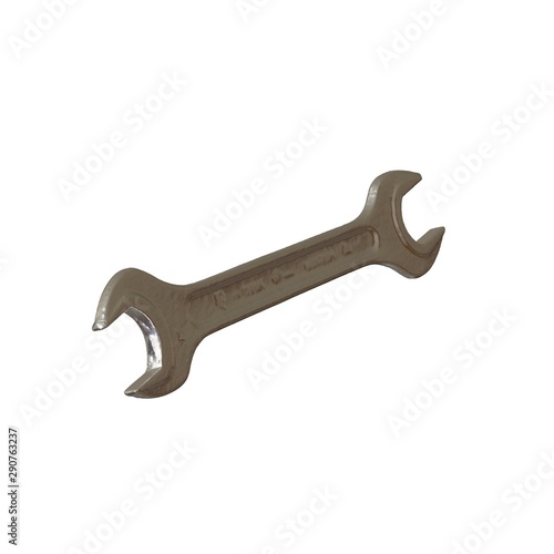 Silver two way metal wrench isolated on white background. 3D rendering of excellent quality in high resolution