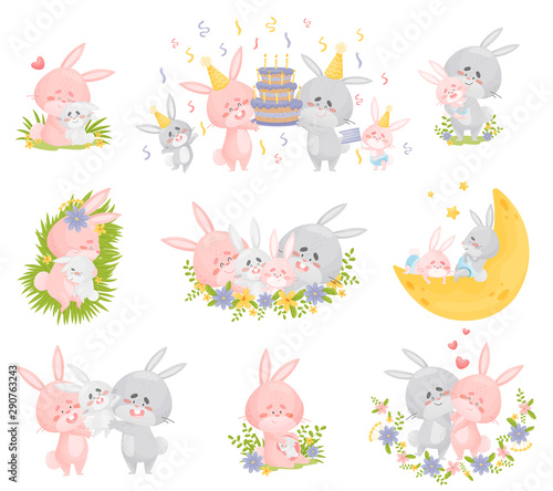 Family of humanized rabbits in different situations. Vector illustration on a white background.