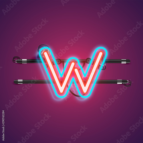 Realistic glowing double neon charcter from a fontset with console, vector illustration