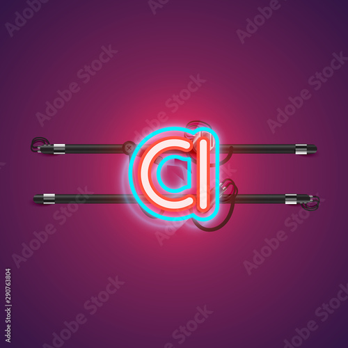 Realistic glowing double neon charcter from a fontset with console, vector illustration