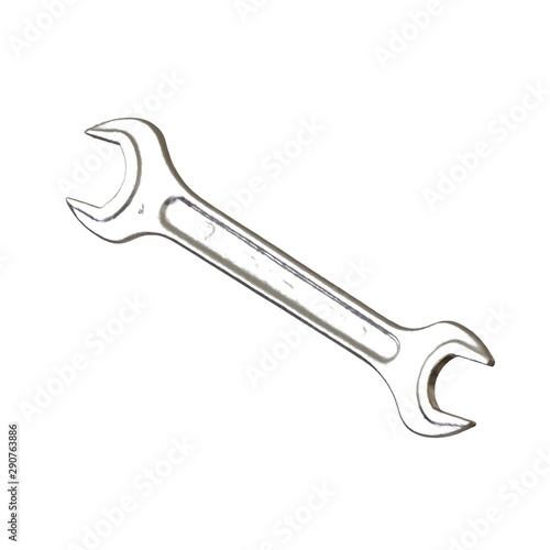 Silver two way metal wrench isolated on white background. 3D rendering of excellent quality in high resolution
