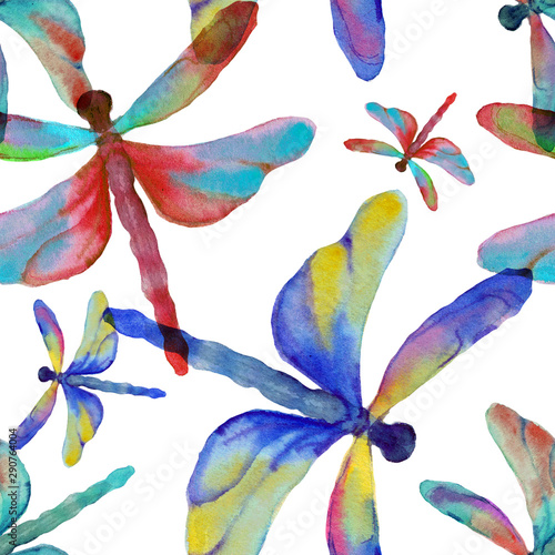 Watercolor hand drawn different color dragonflys in seamless pattern on white background. Design for textile  wallpaper  backgrounds and packaging. Raster multicolor illustration.