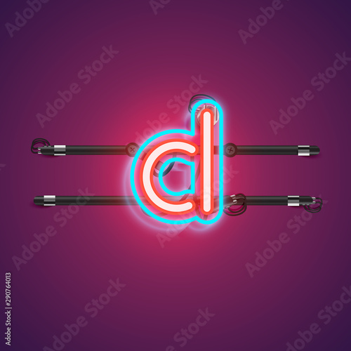 Realistic glowing double neon charcter from a fontset with console, vector illustration