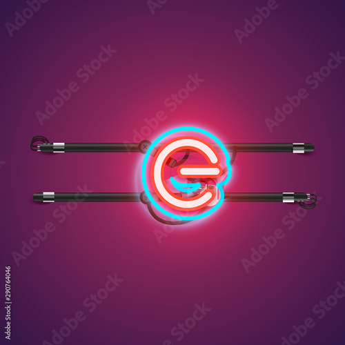 Realistic glowing double neon charcter from a fontset with console, vector illustration