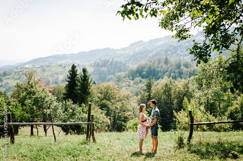 Wallpaper Mural In waiting baby. happy family. pregnant woman with beloved husband stand holding hands on the grass. round belly. Parenthood. The sincere tender moments. background, mountains, forests, nature Torontodigital.ca