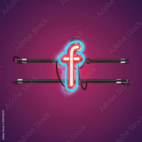 Realistic glowing double neon charcter from a fontset with console, vector illustration