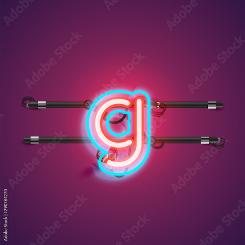 Realistic glowing double neon charcter from a fontset with console, vector illustration