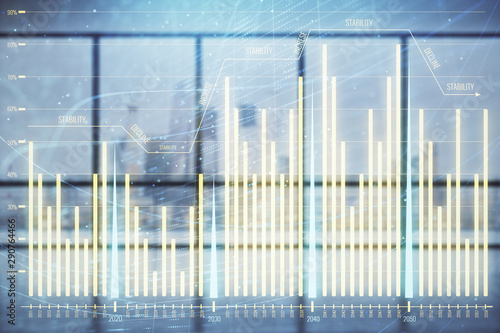 Double exposure of financial chart on empty room interior background. Forex market concept.