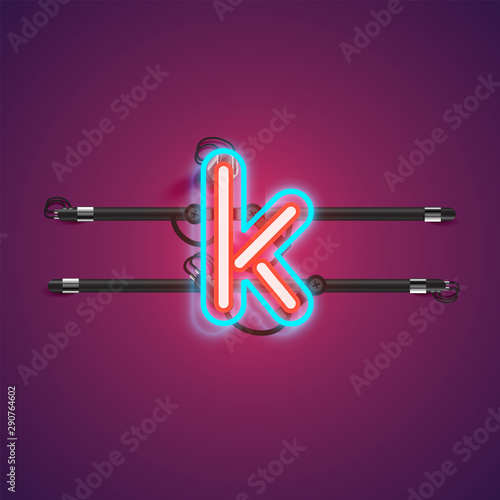 Realistic glowing double neon charcter from a fontset with console, vector illustration