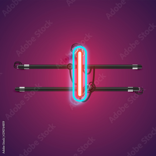 Realistic glowing double neon charcter from a fontset with console, vector illustration
