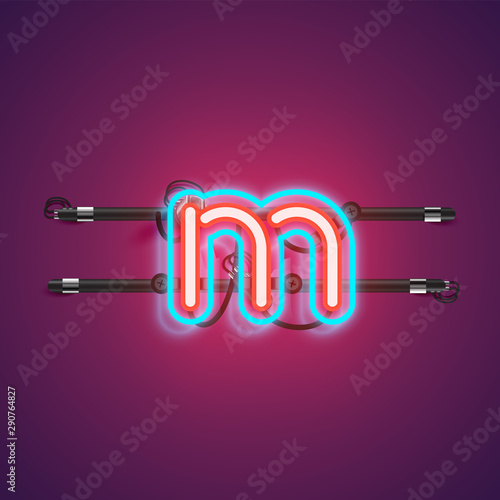 Realistic glowing double neon charcter from a fontset with console, vector illustration