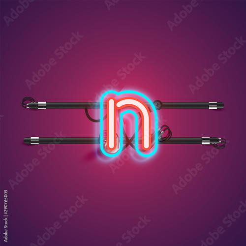 Realistic glowing double neon charcter from a fontset with console, vector illustration