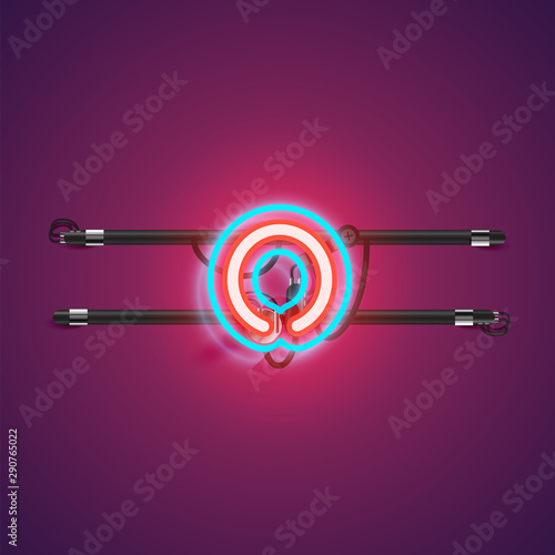 Realistic glowing double neon charcter from a fontset with console, vector illustration