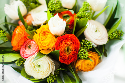 Bouquet of ranunculus of different shades close up